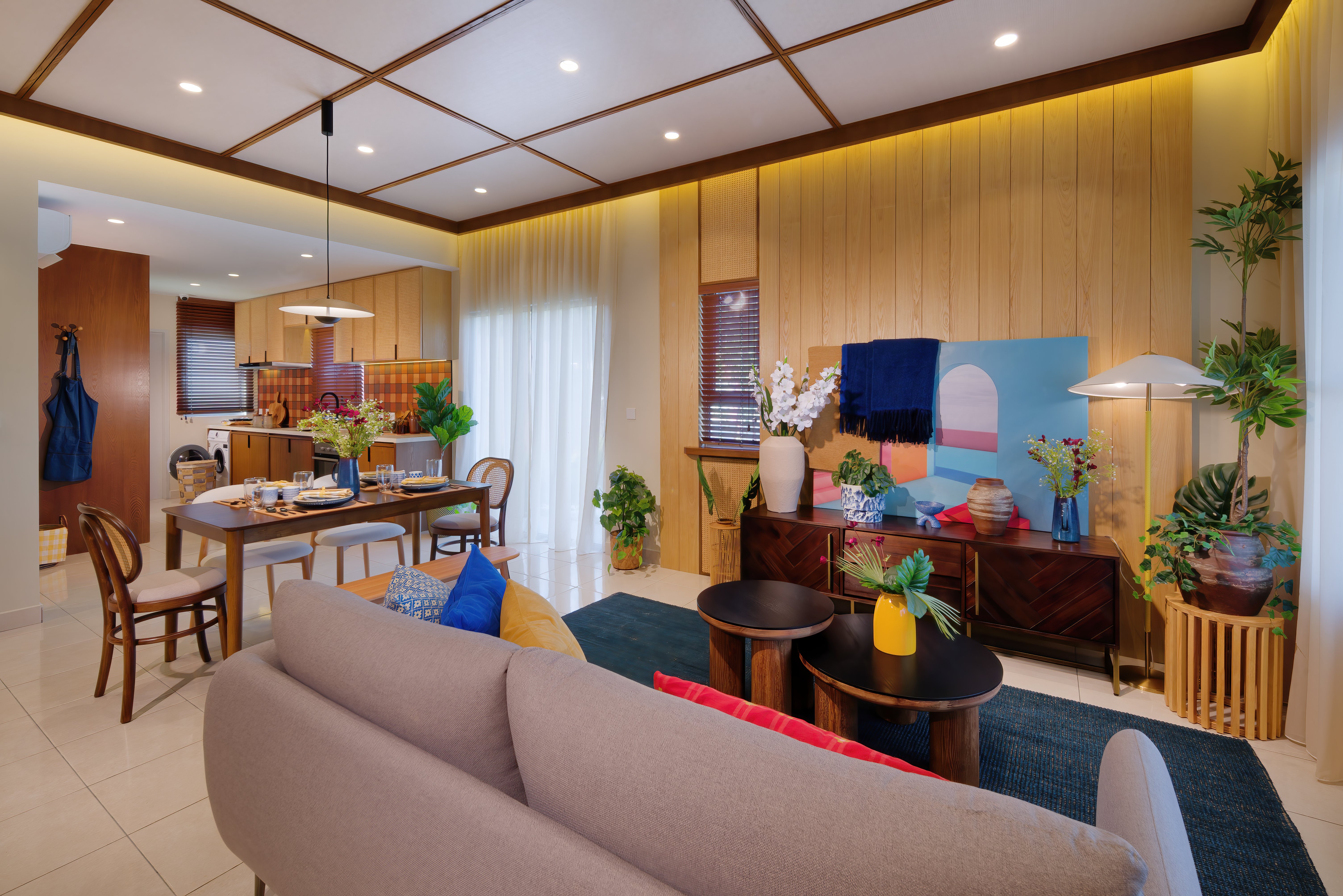 Wood-toned living room at M Legasi Show Unit